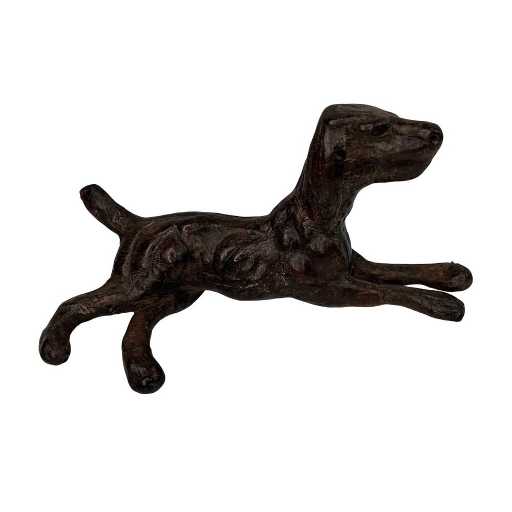 Handcrafted Dark Tan Leather Dog Figurine Sculpture Glass Eyes